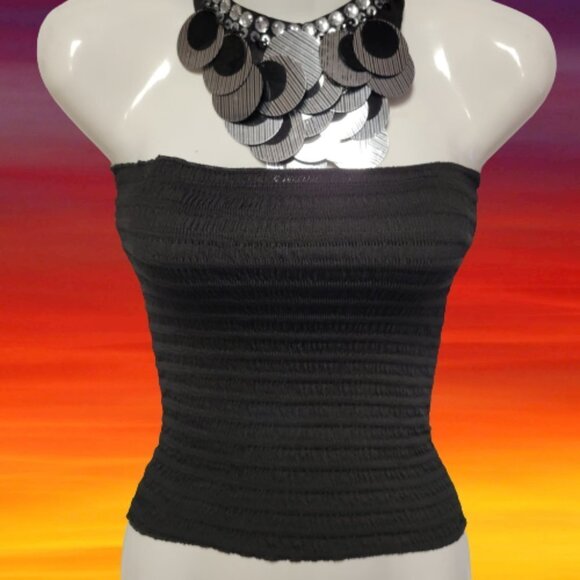 BLACK Smocked Strapless Stretchy Waist Length Tube Top - One Size - NEW - Picture 6 of 9